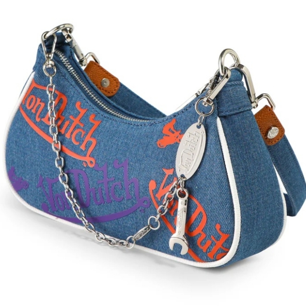 Von Dutch Denim/Orange/Purple Logo Shoulder Bag W/CUTE Mini Wrench-New W/Tags! - Picture 3 of 12